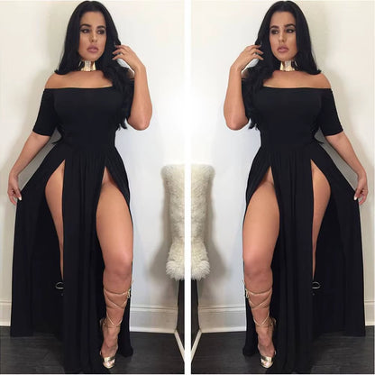 Women Sexy Slash Neck Maxi Dress Solid Color High Slit Formal Party Dress Fashion Slim Summer Dress Vestido De Mulher