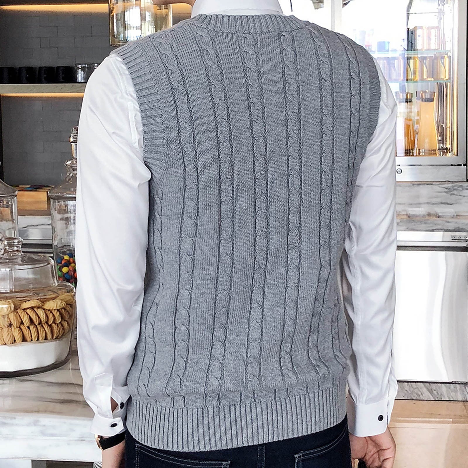 Men'S Cable Knit V Neck Relax Fit Sleeveless Knitwear Pullover Sweater Vest