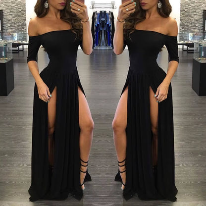 Women Sexy Slash Neck Maxi Dress Solid Color High Slit Formal Party Dress Fashion Slim Summer Dress Vestido De Mulher