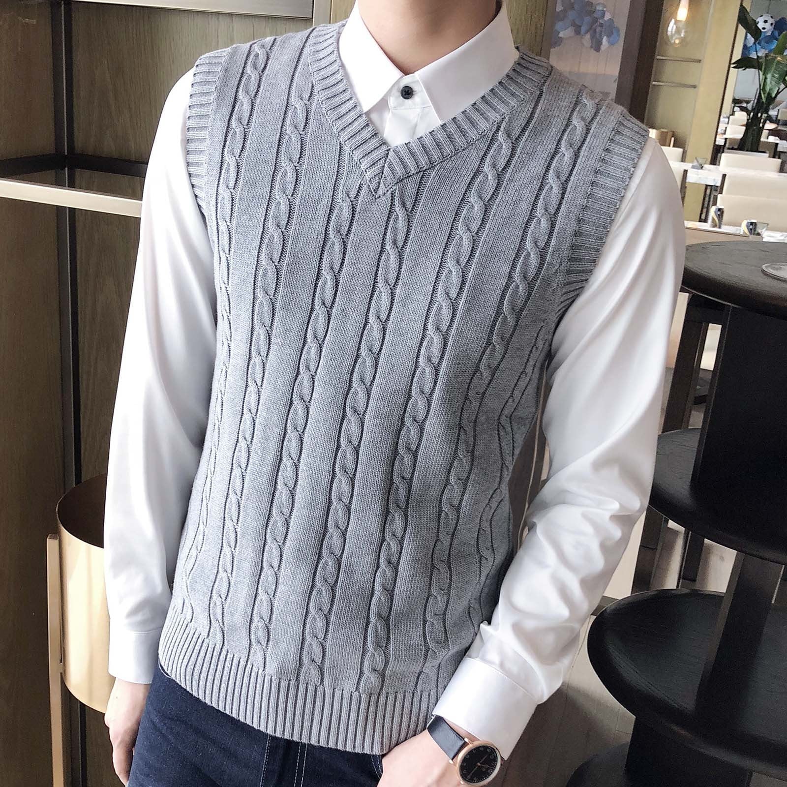 Men'S Cable Knit V Neck Relax Fit Sleeveless Knitwear Pullover Sweater Vest