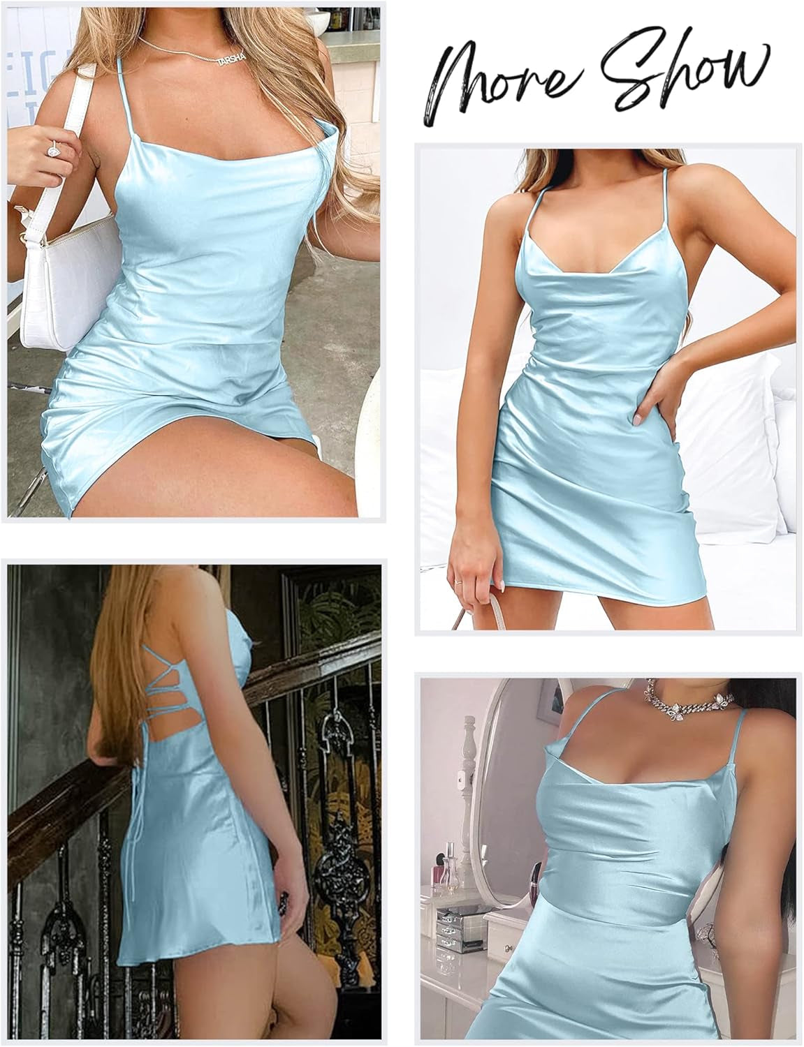 Satin Mini Dress for Women Sexy Cowl Neck Backless Silk Slip Camisole Night Club Party Dresses Blue